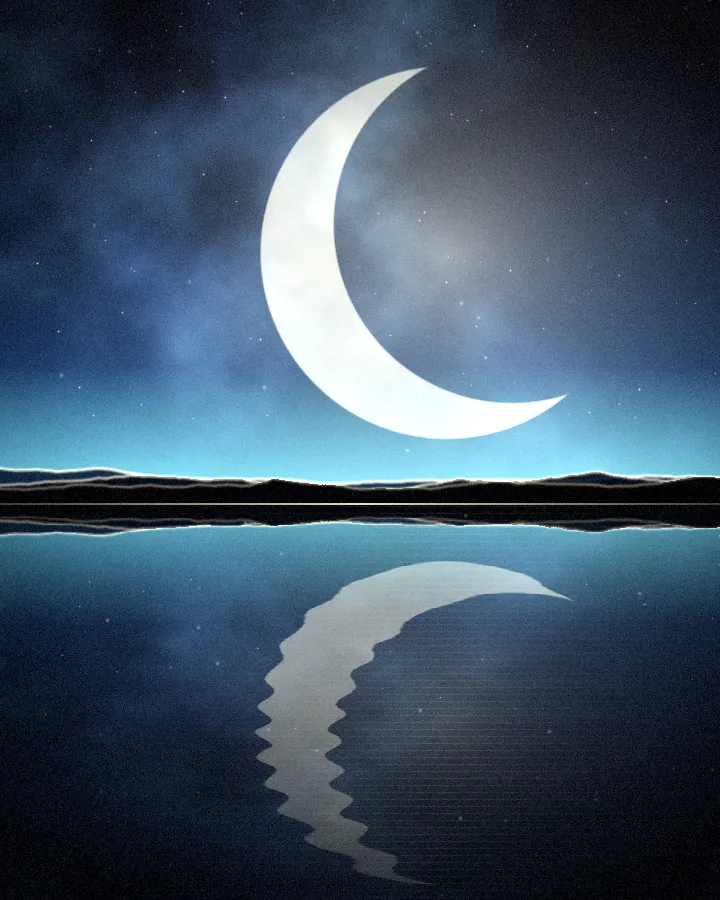 Artwork bulan sabit di atas lautan cermin